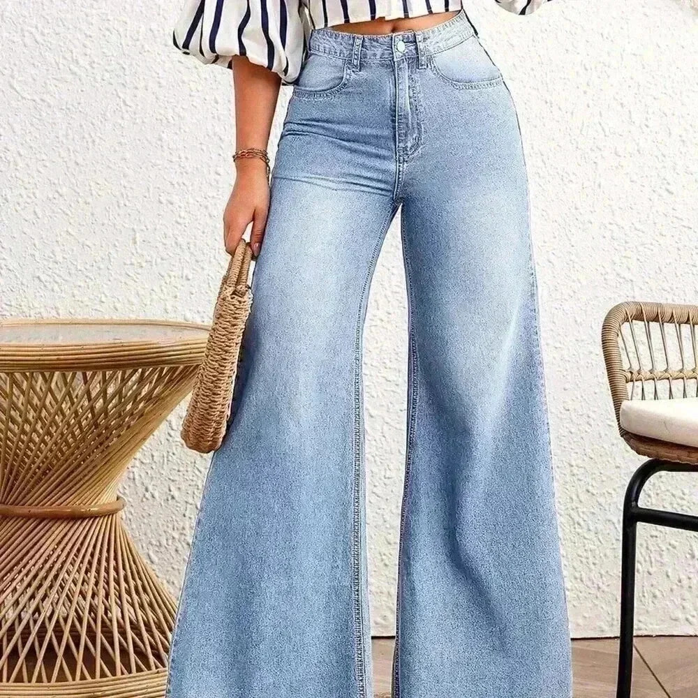 Light Wash Casual Women's Loose Fit Wide Leg Jeans w/Pockets